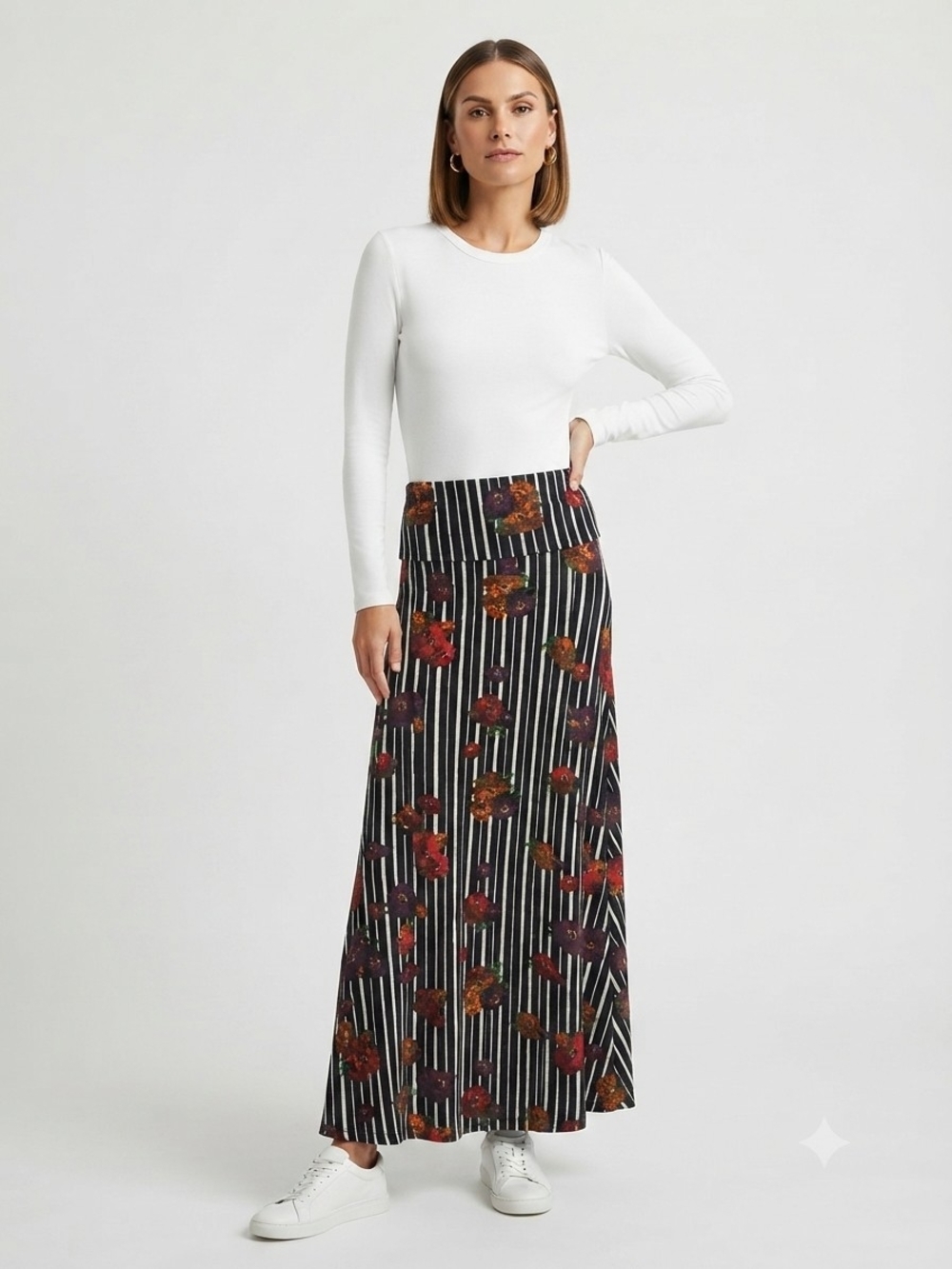Striped Floral Maxi Skirt in Black and Burgundy Up To Size 3XL